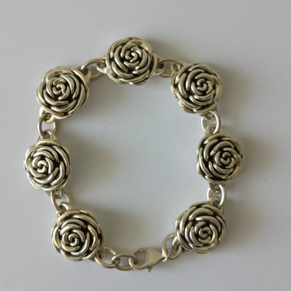 Antiqued Rose Flower Sterling Silver 925 Electroform Floral Link Bracelet